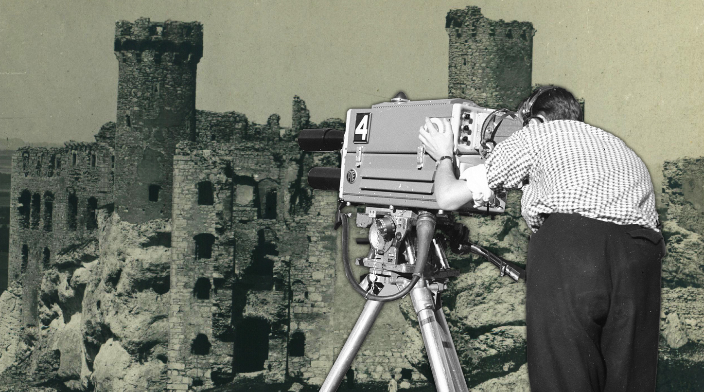 Fotomontaż ruiny zamku i stary sprzęt filmowy z operatorem